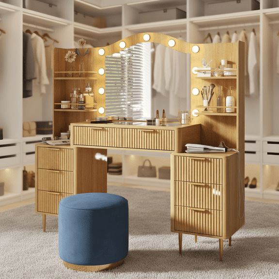 Oak Fluted Makeup Vanity with Lighted Mirror, Glass Top, 8 Drawers & 4 Shelves, 55" Dressing Table with Power Outlet