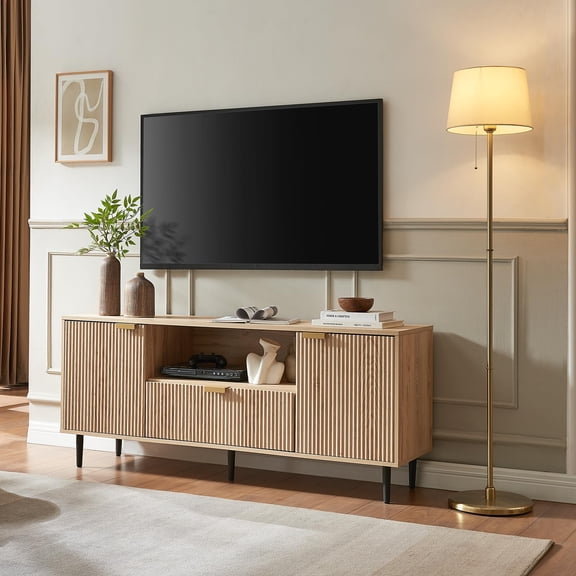 Oak Fluted Panel TV Stand with Drawer & Storage for Living Room