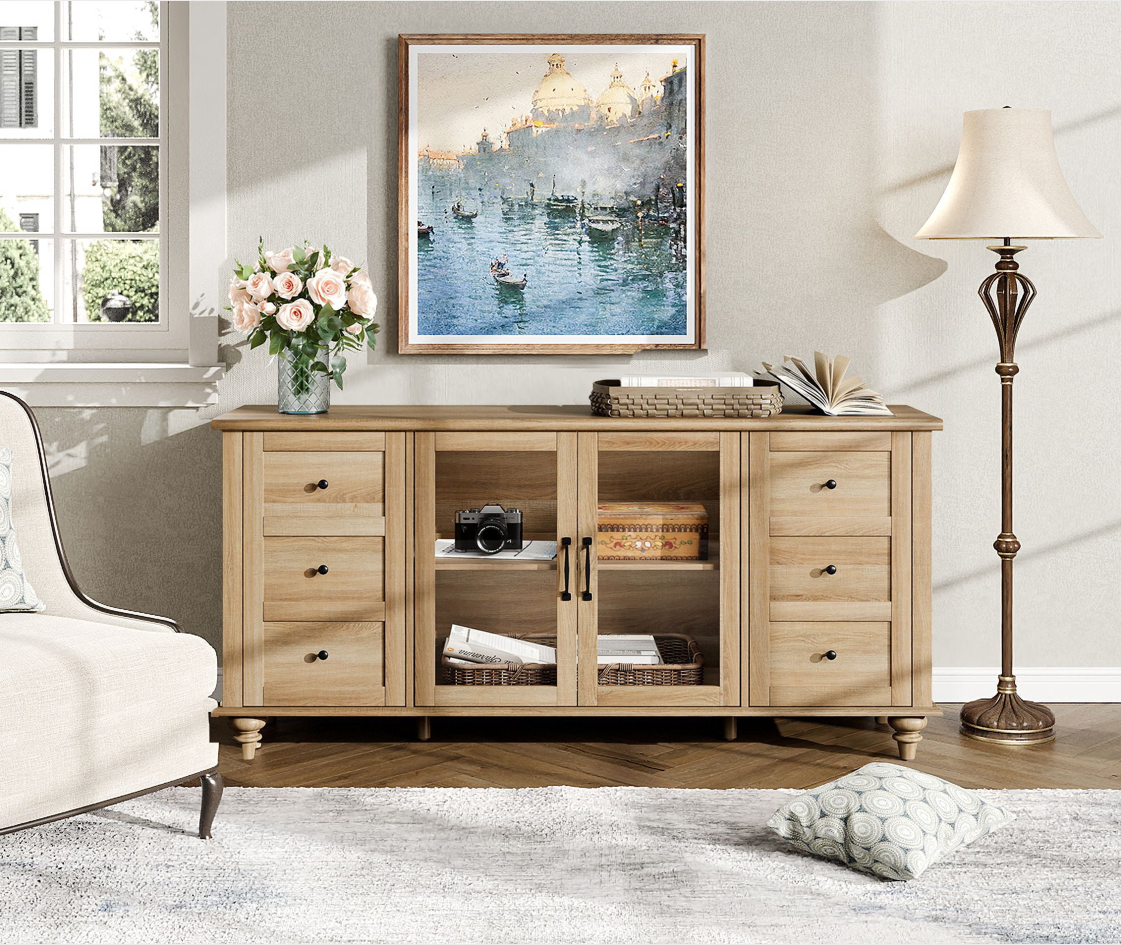 Oak Glass Door TV Stand for TVs up to 60", Farmhouse Television Stands for Living Room