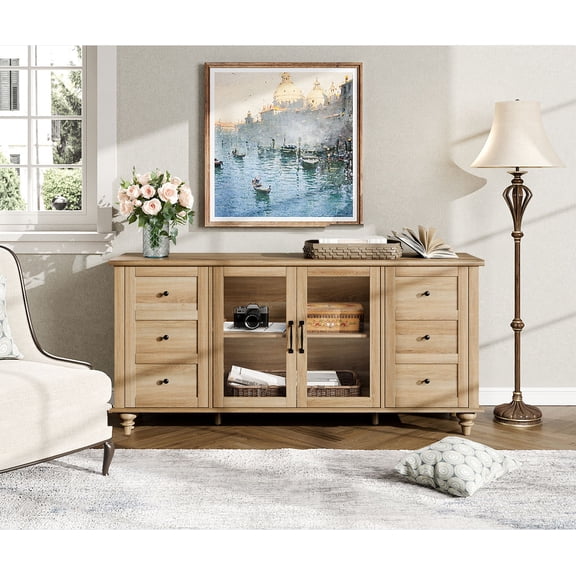 Oak Glass Door TV Stand for TVs up to 60", Farmhouse Television Stands for Living Room