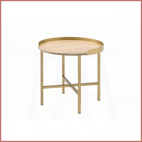 Oak & Gold Coffee Table with Cross-Bar Base - Tray Top for Elegant Living Room, Functional & Sophisticated