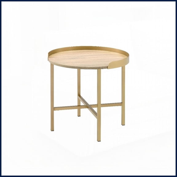 Oak & Gold Coffee Table with Cross-Bar Metal Base – Tray Top for Elegant, Functional Living Room Space