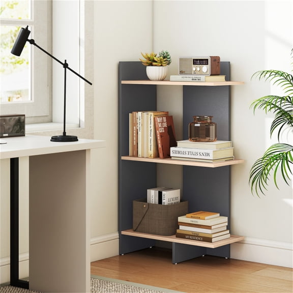 Oak+Gray 3-Tier Wooden Bookshelf - Engineered Board, 66LBS Per Shelf Anti-Toppling Kit Included 23.5"11.5"39.5"
