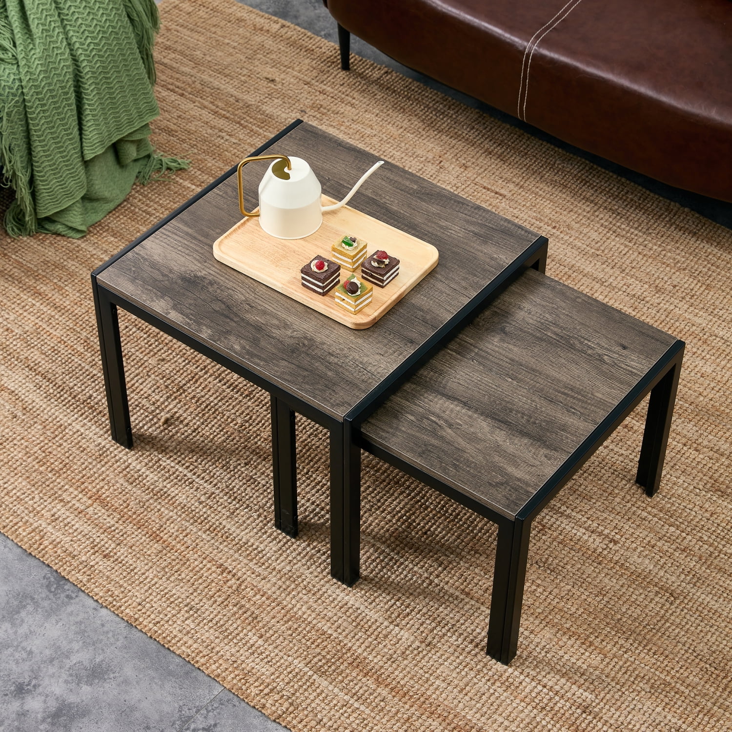 Oak Grey Nesting Coffee Table Set of 2 Modern Square Stacking Tables