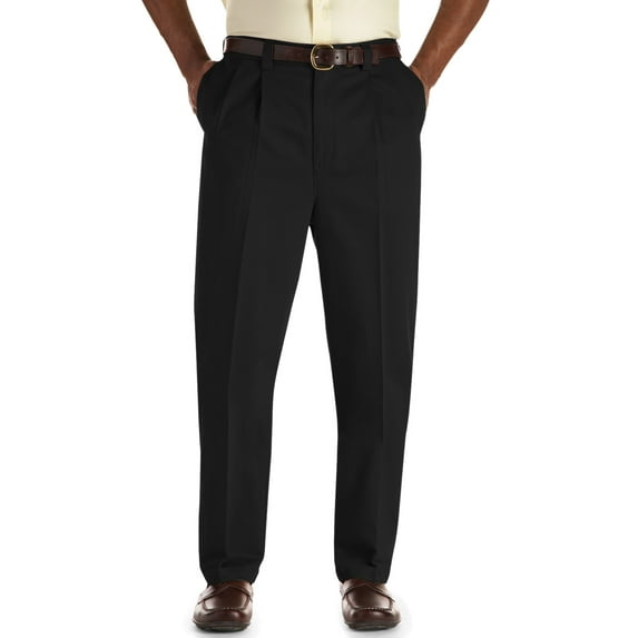Oak Hill by DXL Men's Big and Tall Premium Stretch Pleated Twill Pants, Black, 64W X 30L, Regular Rise