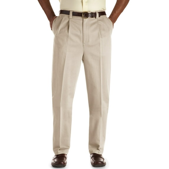 Oak Hill by DXL Men's Big and Tall Premium Stretch Pleated Twill Pants, Khaki, 42W X 34L, Long Rise