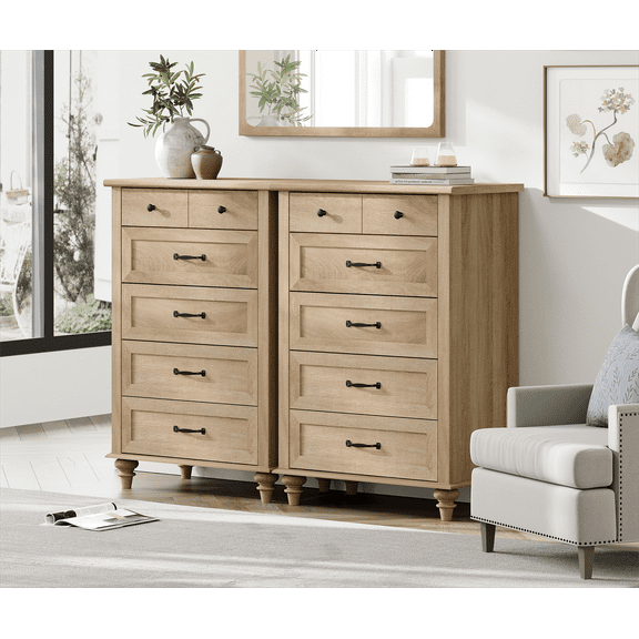 Oak Kids Dresser for Bedroom with 10 Wide Chest of Drawers, Wood Dressers for Living Room, Nursery, Hallway,White