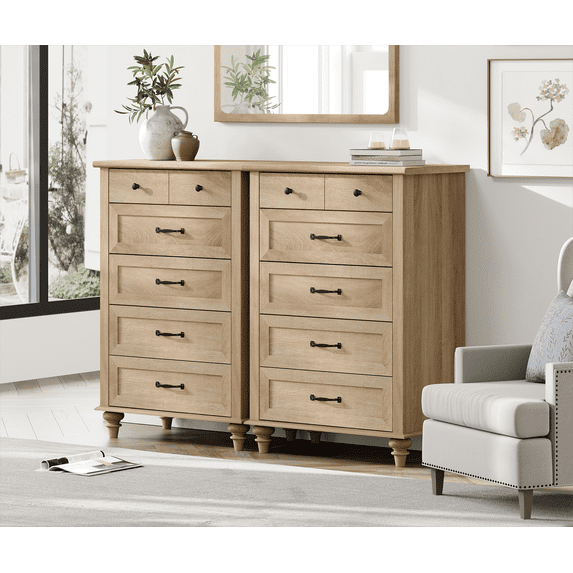 Oak Kids Dresser for Bedroom with 10 Wide Chest of Drawers, Wood Dressers for Living Room, Nursery, Hallway,White