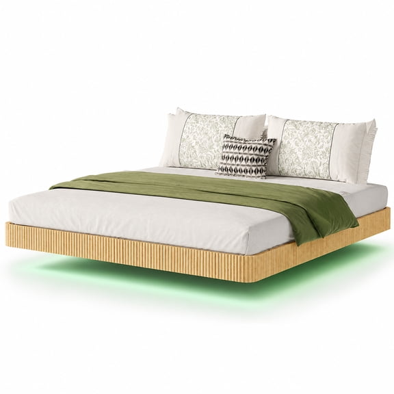 Oak King Floating Bed Frame with LED Lights, Wave Curve Wood Texture Platform Bed, Heavy Duty Metal Slats, No Box Spring Needed, Modern Suspended Bed Frame for Bedroom