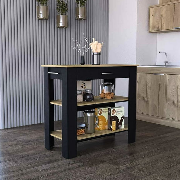 Oak Kitchen Island 40 Inches, Two Shelves For Neat Organization Finish, Efficient Workspace