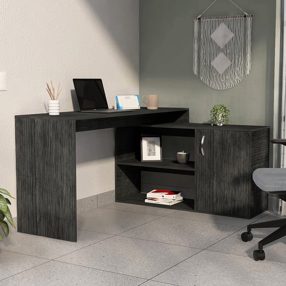 Oak L-shaped Office Desk With Storage: 1 Drawer & 2 Shelves Work Drawer,