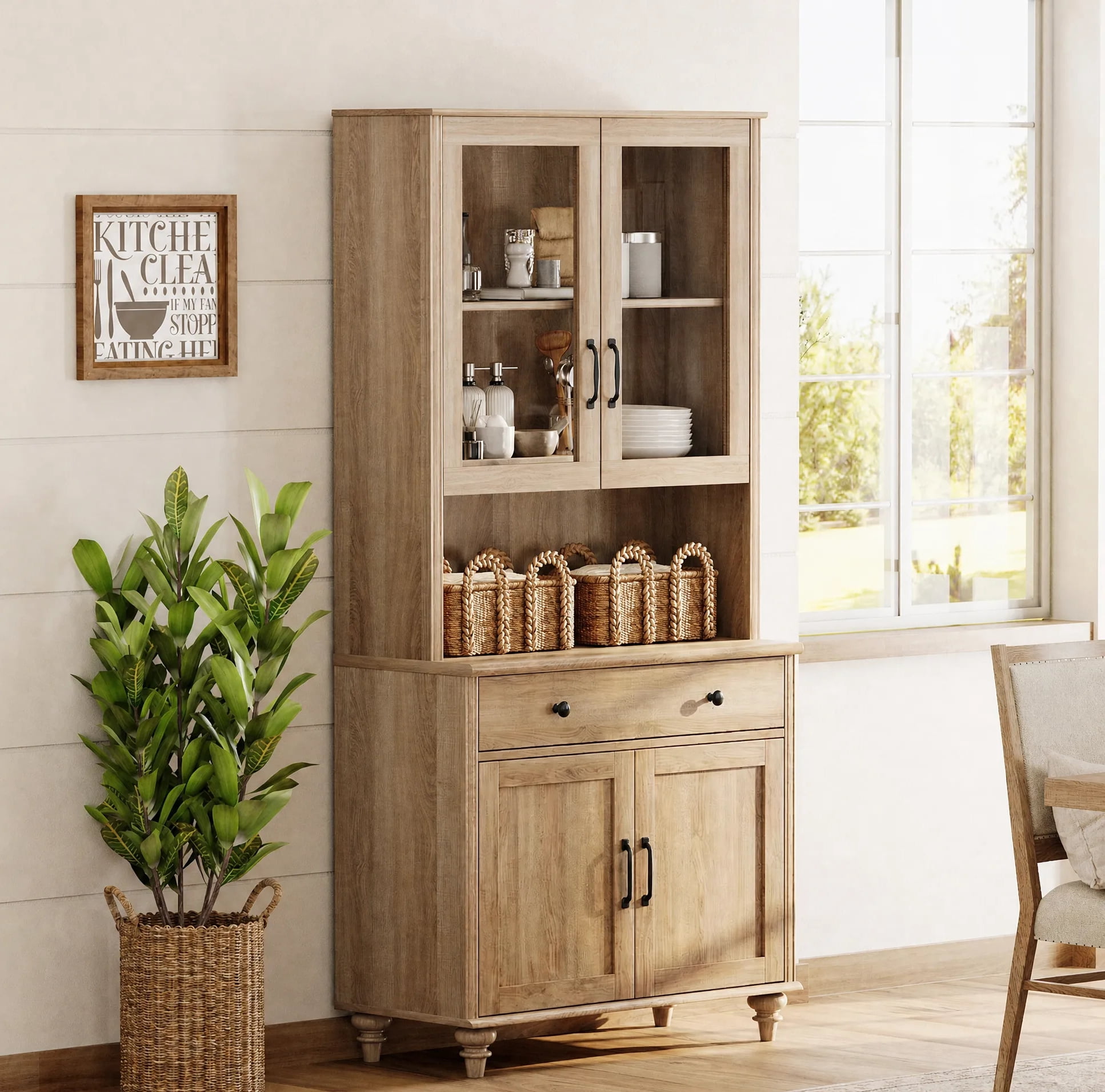 Oak Large Bookcase, Bookshelf with Storage Cabinet, Farmhouse Library Wooden Bookshelves for Living Room, Office, Study Room, Kitchen