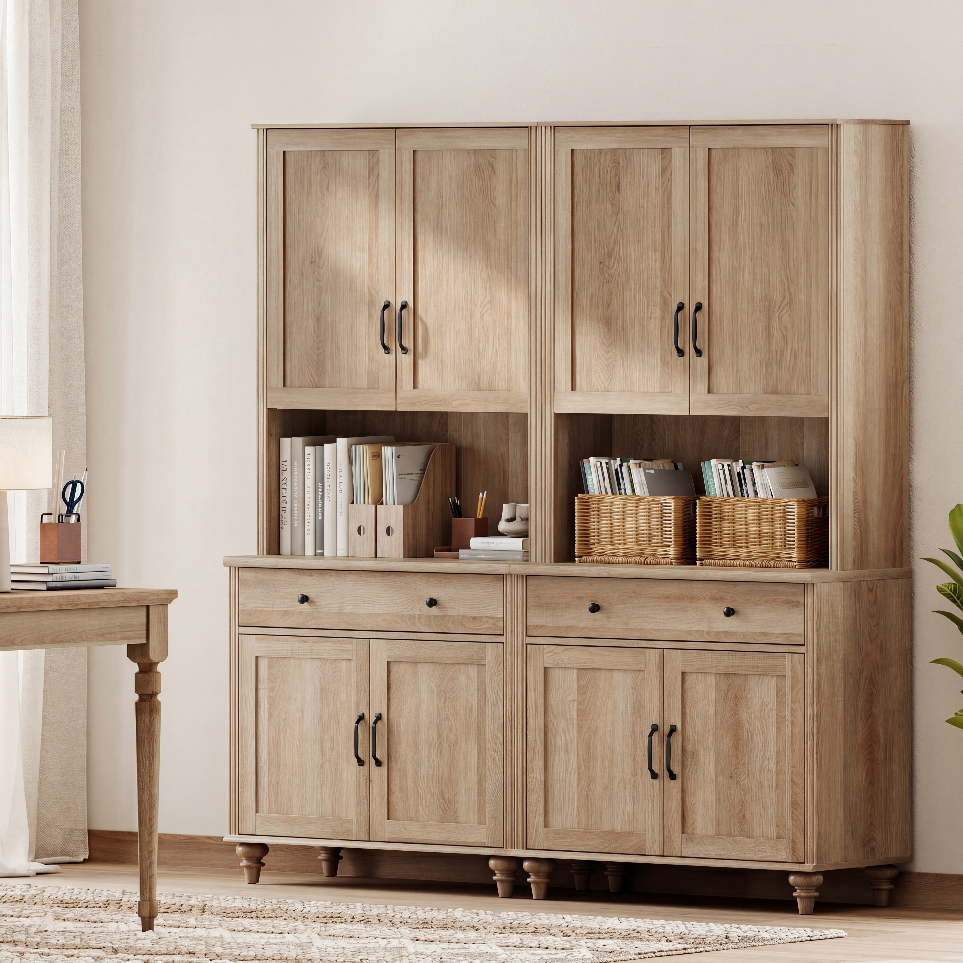 Oak Large Bookcase, Farmhouse Bookshelf with Ample Storage Cabinet, Large Library Wooden Bookshelves for Living Room, Office, Study Room