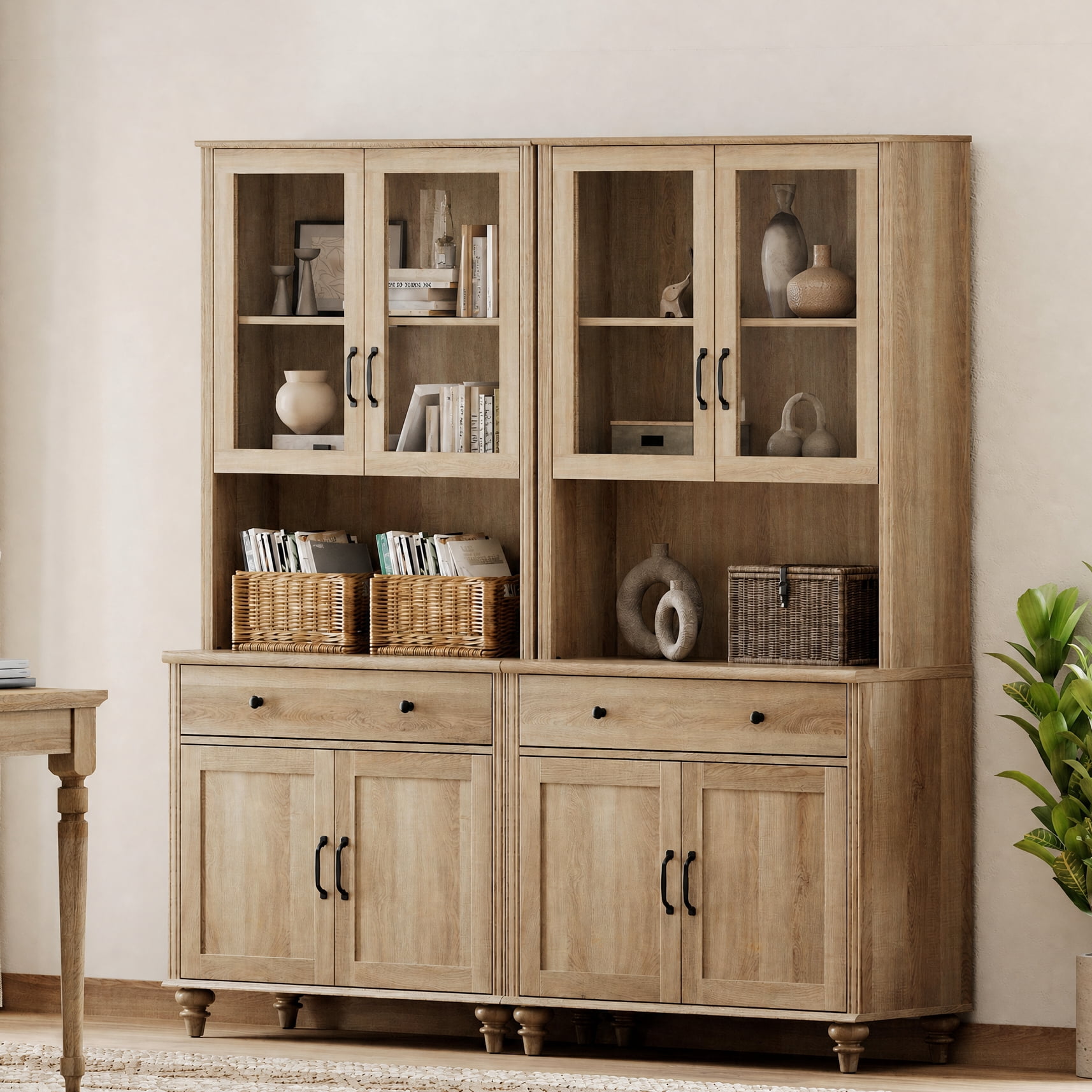 Oak Large Bookcase, Farmhouse Bookshelf with Ample Storage Cabinet, Library Wooden Bookshelves for Living Room, Office, Study Room, Kitchen