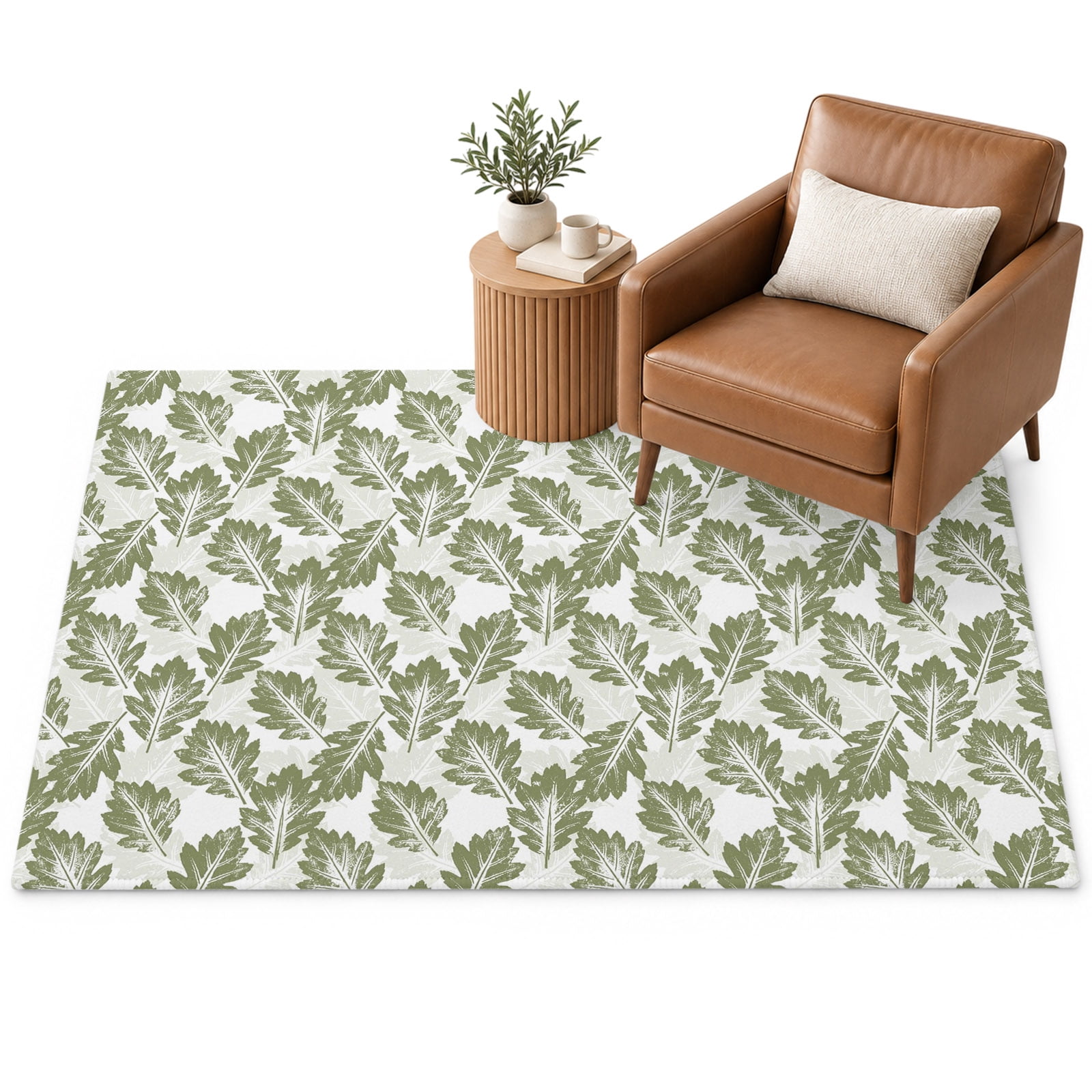 Oak Leaf Area Rug 2.7'x5', Rustic Minimalist Olive Green Autumn Foliage ...