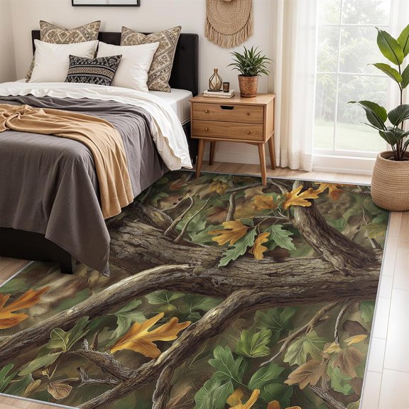 Oak Leaf Area Rugs, Tree Botanical Pattern Carpet, Washable Non Slip Low Pile Soft Rug for Living Room Bedroom Decor Mat 5x8ft