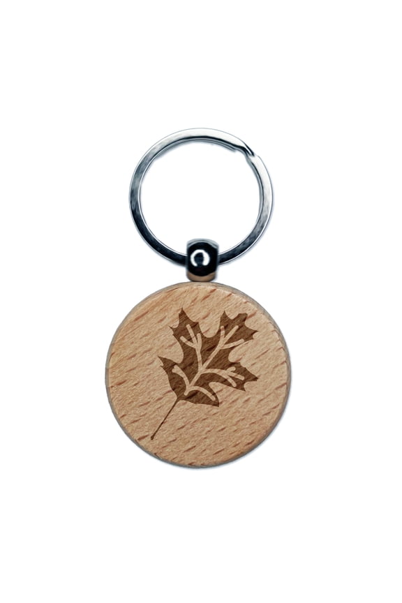Oak Leaf Round Keychain Charm Tag - Engraved Wood