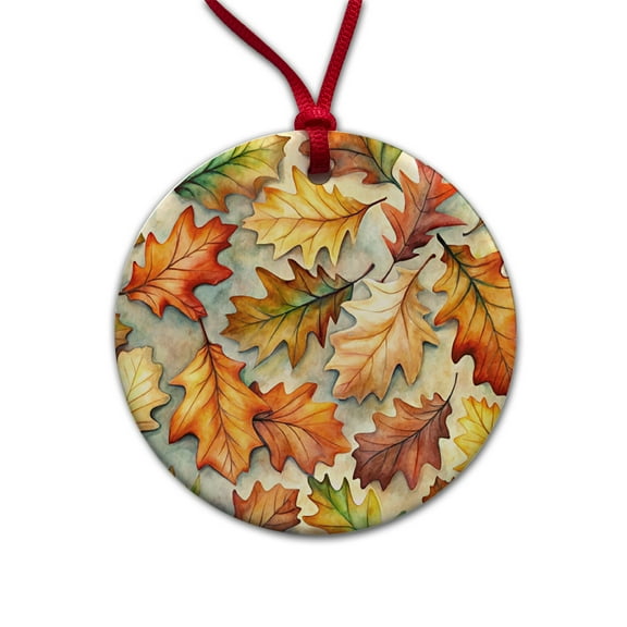 Oak Leaves Watercolor Christmas Tree Holiday Round Ceramic Ornament