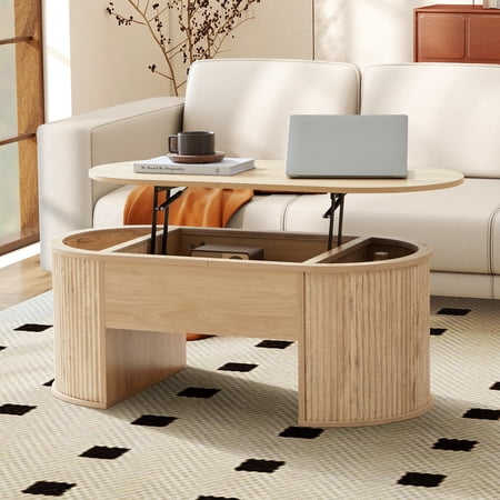 Wirrytor Lift Top Coffee Table with Storage and Open Storage Shelf, Oval Coffee Table for Living Room, Elliptical Arc Design, Waveform Panel, Fluted Center Table,Oak