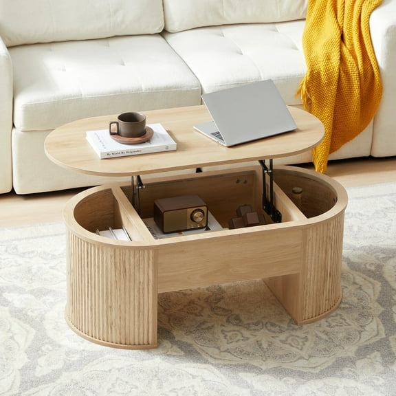 Wirrytor Lift Top Coffee Table with Storage and Open Storage Shelf, Oval Coffee Table for Living Room, Elliptical Arc Design, Waveform Panel, Fluted Center Table,Oak