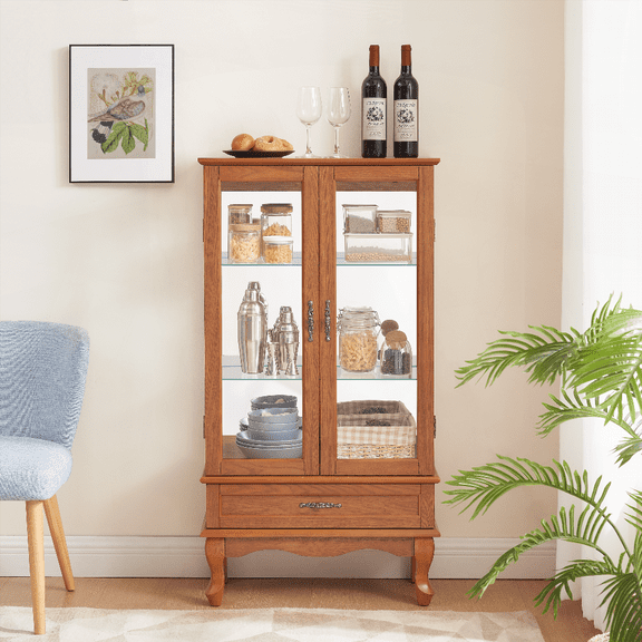 Oak Lighted Glass Display Cabinet - Curio Wine Storage with Adjustable Shelves, Two Doors & Drawer