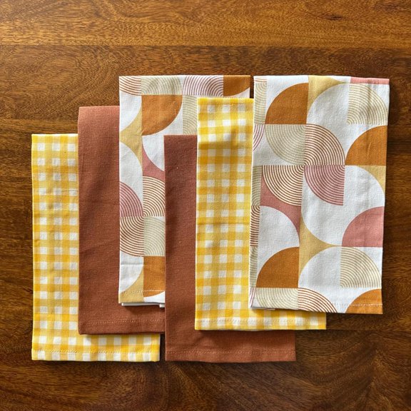 Oak & Lily 100% Cotton Kitchen Napkins Dish Towels 450 Gsm | Premium European Quality Washable, Large Size Kitchen Cloth For Roti, Cleaning, Drying | Rust Geometric (Set Of 6)
