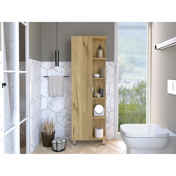 Oak Linen Storage Cabinet With Mirror - Four Interior And Five External Shelves For Efficient Organization In Narrow Spaces Compartment Compact Rooms