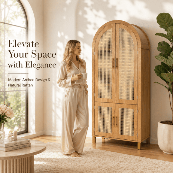 Oak MDF Farmhouse Storage Cabinet 71 Tall Rattan Doors Adjustable Shelves