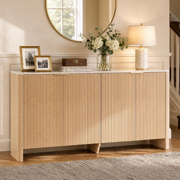 Oak Marble Fluted Oak Sideboard with Marble Top, 61 Inch Buffet Cabinet