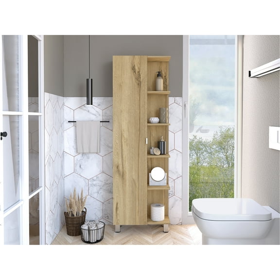 Oak Mirror Linen Cabinet With Four Interior Shelves And A Versatile Storage Solution Ergonomic In Five External Handy