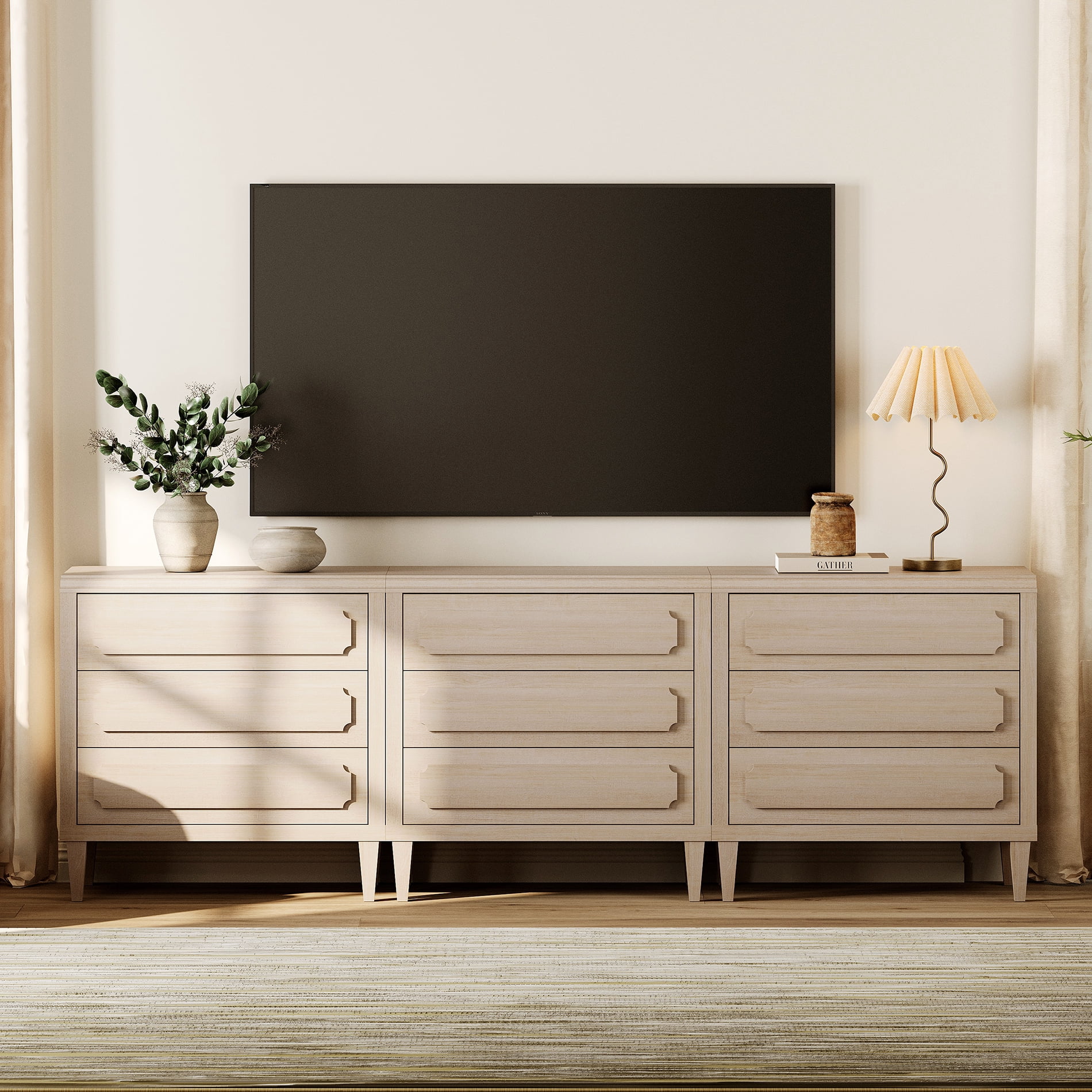 Oak Modern TV Stand for 100 Inch TVs, Wood Entertainment Center with 9 Drawers Storage for Living Room Bedroom