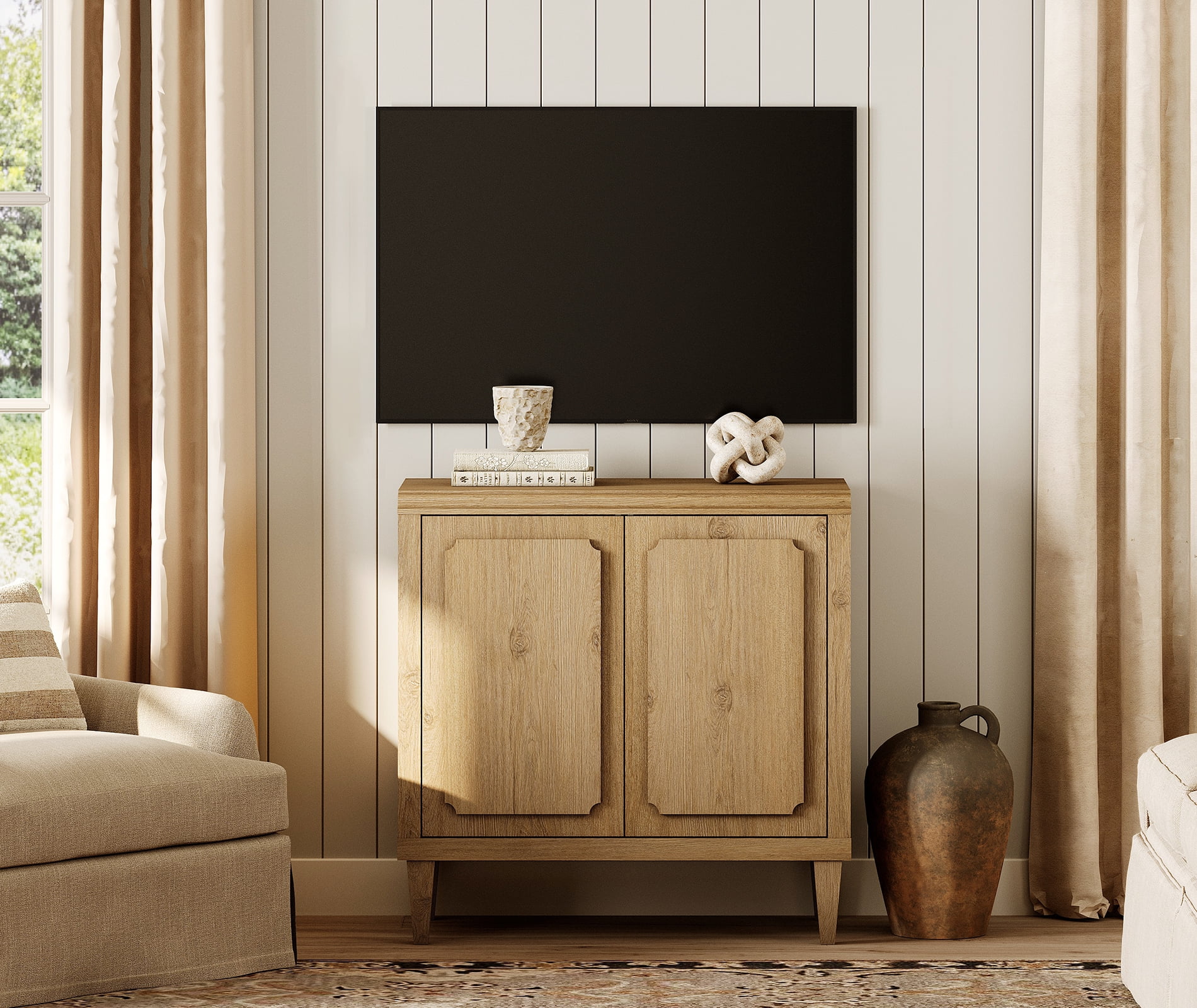 Oak Modern TV Stand for 55 Inch TVs, Wood Entertainment Center with 3 Drawers Storage for Living Room Bedroom