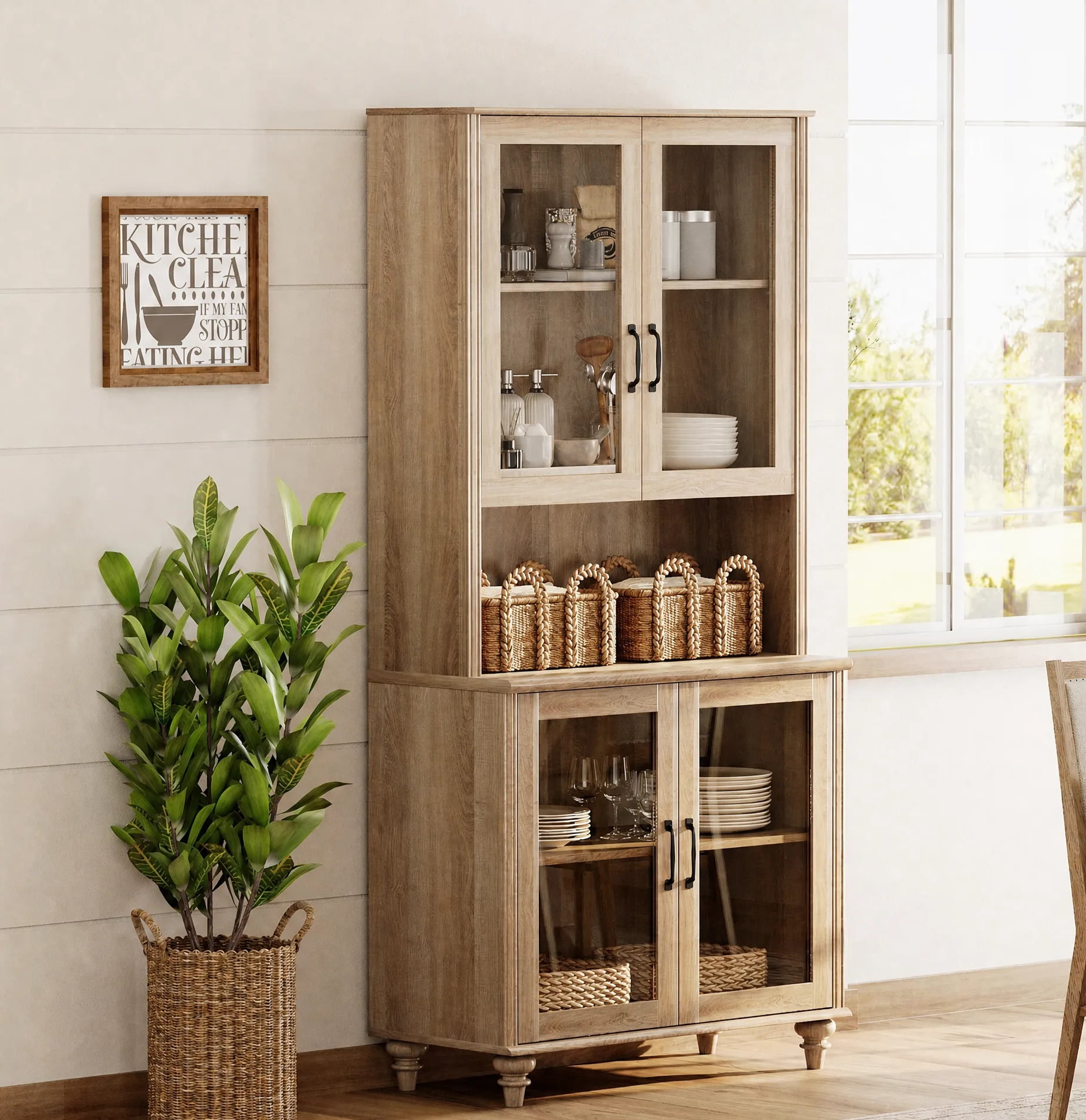 Oak Morden Bookcase with Adjustable Shelf and Glass Doors, Farmhouse Library Wooden Bookshelves for Living Room, Office, Study Room, Kitchen