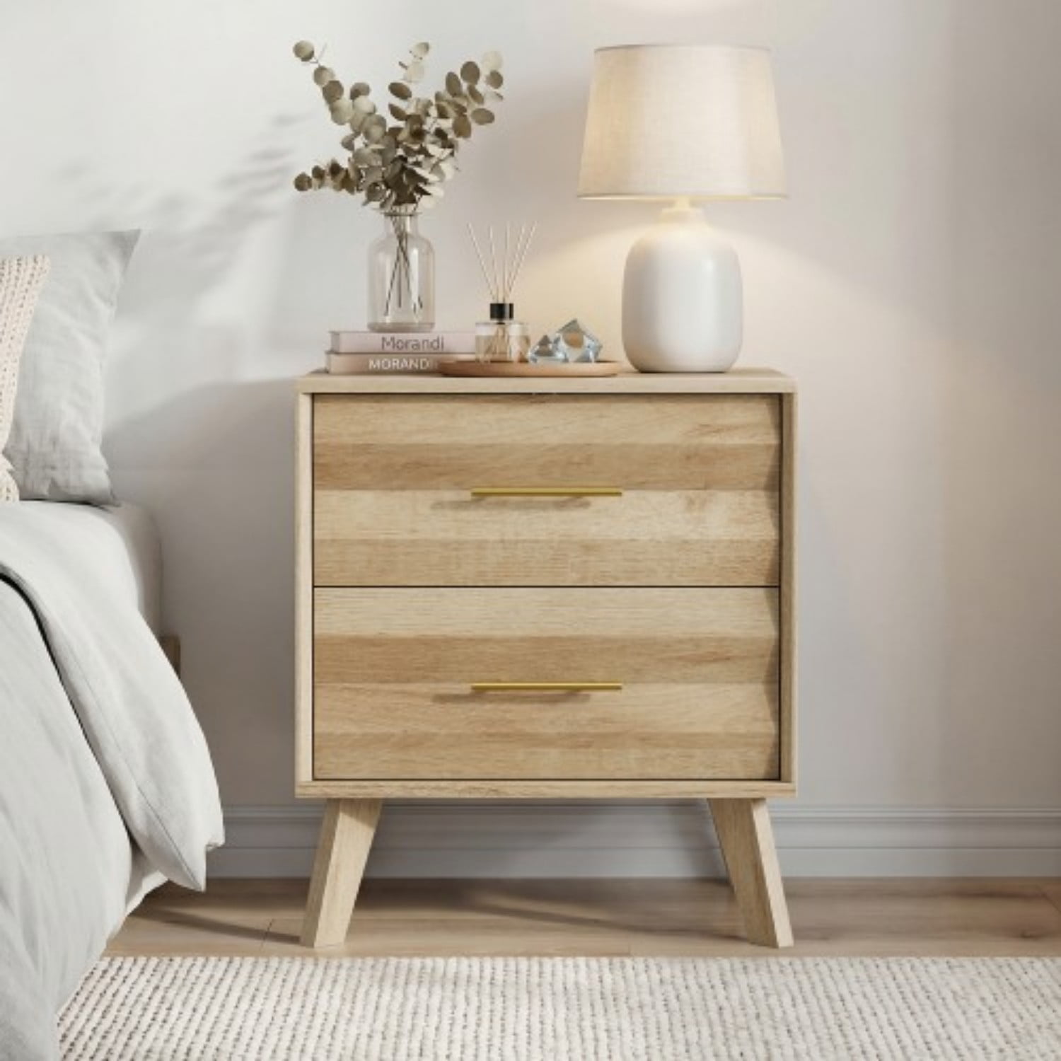 Oak Nightstand, Mid Century Modern Bedside Table with 2 Drawers, Metal Handles and Solid Wood Legs, Storage End Table for Bedroom Living Room