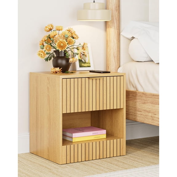 Oak Nightstand, Modern Bedside Table with Drawer and Open Shelf, Cube Design Side Table for Bedroom, Living Room