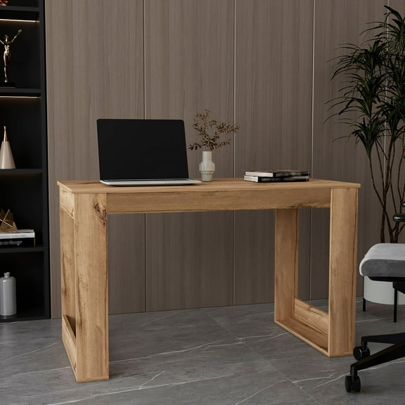 Oak Office Desk With Ergonomic Design - Comfort At Work Computer In Practical Setup