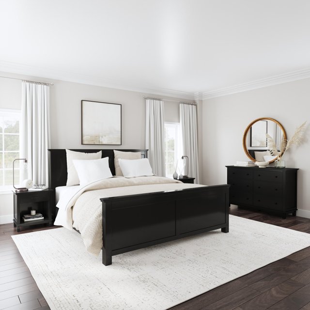 homestyles 4-Piece Oak Park Black Wood King Bed, Two Nightstands and ...