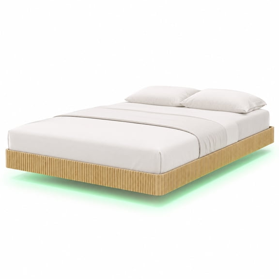 Oak Queen Floating Bed Frame with LED Lights, Wave Curve Wood Texture Platform Bed, Heavy Duty Metal Slats, No Box Spring Needed, Modern Suspended Bed Frame for Bedroom