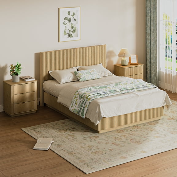 Oak Queen Size Bed Frame with LED Lights, Modern Wooden Corrugated Curved Lines, Convex Groove Board