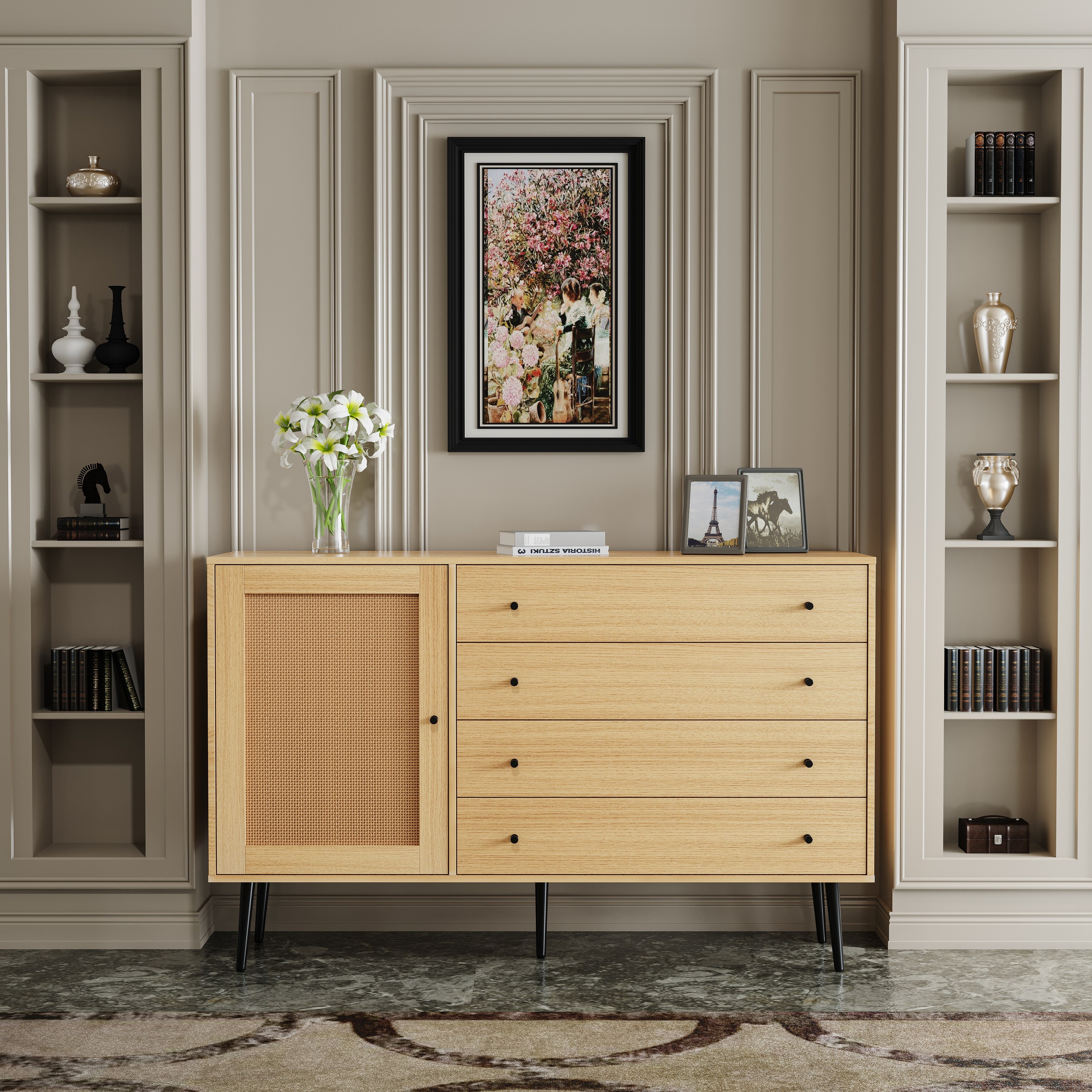 Oak Rattan Restaurant sideboard With 4 Drawers