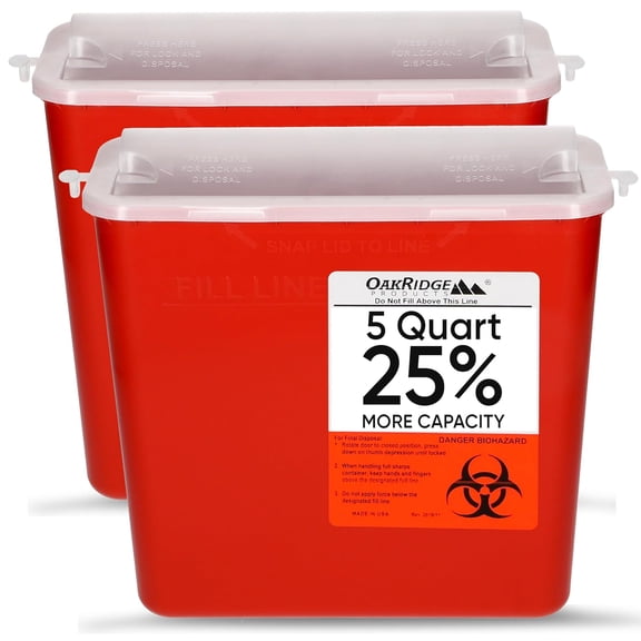 Oak Ridge Products household and professional use 5-quart (2-pack) sharp container, biohazard needle and syringe disposal, horizontal pull-down with lever lid, certified