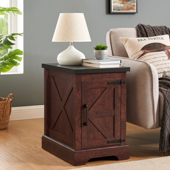 Oak Rustic End Table, Barn Door Style With Adjustable Storage For Bedrooms Side Stable Support And