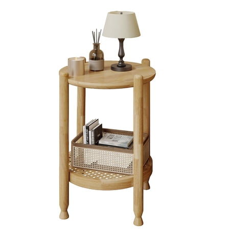 Oak Rustic Round Side Table, 2-Tier Modern Farmhouse Accent Table with Boho Rattan Storage Shelf. Ideal living room decor, simple & quick assembly.