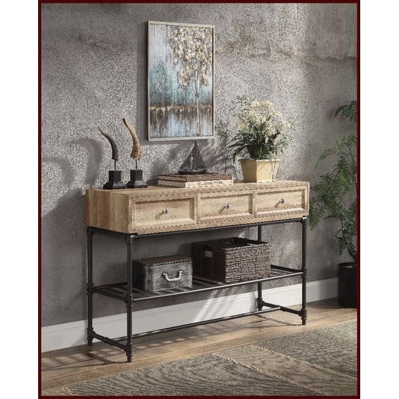 Oak & Sandy Gray Industrial Coffee Table for Living Room, KD Design with Drawer & Shelf Storage