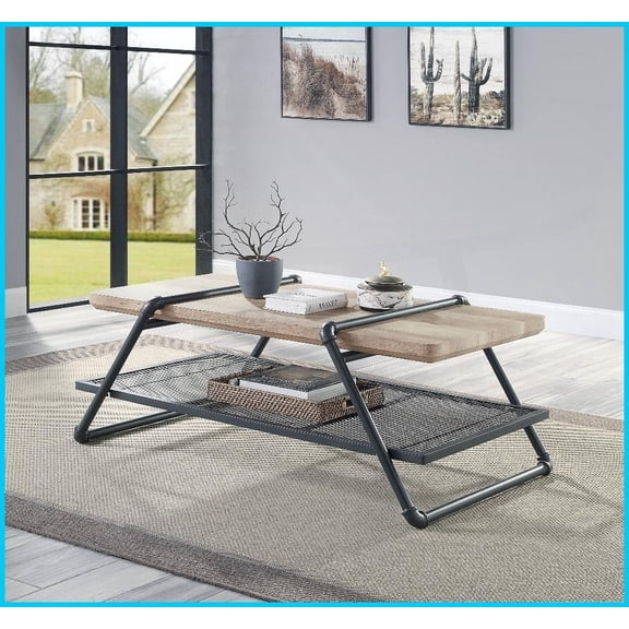 Oak & Sandy Gray Rustic Industrial Coffee Table with Storage Shelf - Easy Assembly Composite Wood & Metal