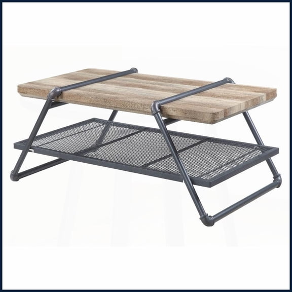 Oak & Sandy Grey Industrial Rustic Coffee Table - Sturdy Wood-Metal Build with Metal Mesh Storage Shelf