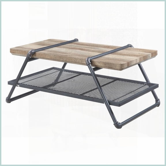 Oak & Sandy Grey Industrial Rustic Coffee Table Sturdy Wood-Metal Build with Space-Saving Mesh Shelf