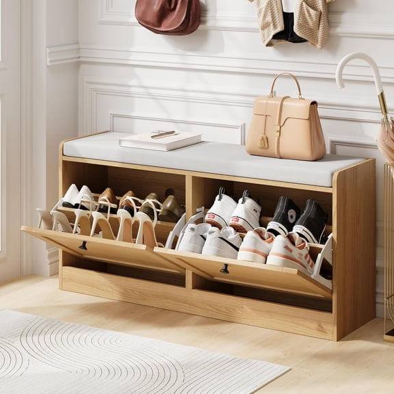 Oak Shoe Bench, Modern Entryway Bench with 2 Flip Drawers, Shoe Rack Bench with Padded Seat Cushion, Wooden Shoe Storage Bench for Entryway, Bedroom and Apartment