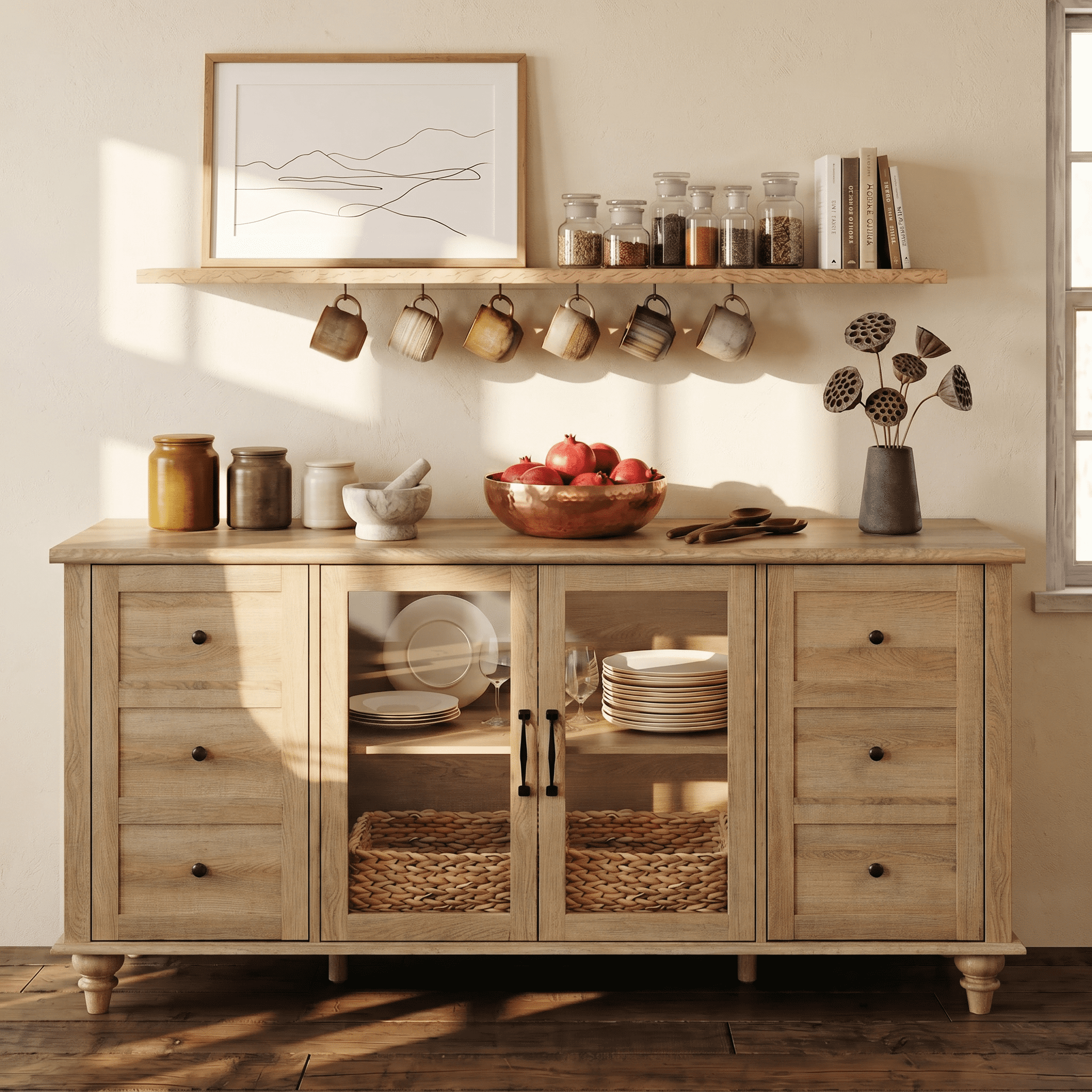 Oak Sideboard with Glass Door, Farmhouse Buffet Cabinet with Storage Shelf for Kitchen Dining Room