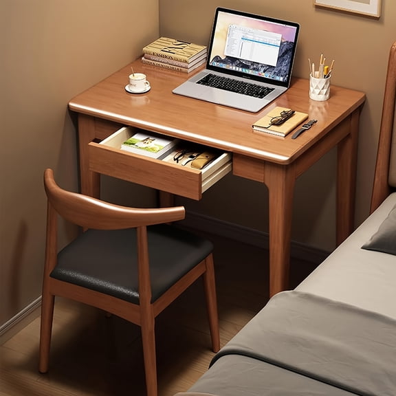 Oak Small Computer Desk  Retro Writing Desk with Drawer for Small Spaces, Solid Wood Home Office Desk, Compact Study Table for Bedroom & Dorm  Assembly Required